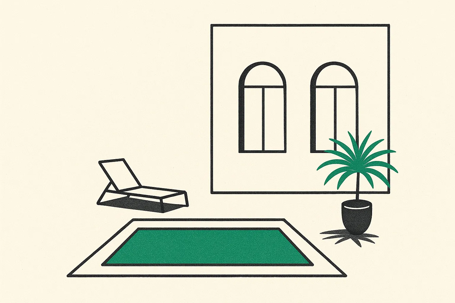 Editorial illustration of a boutique hotel facade beside an outdoor pool