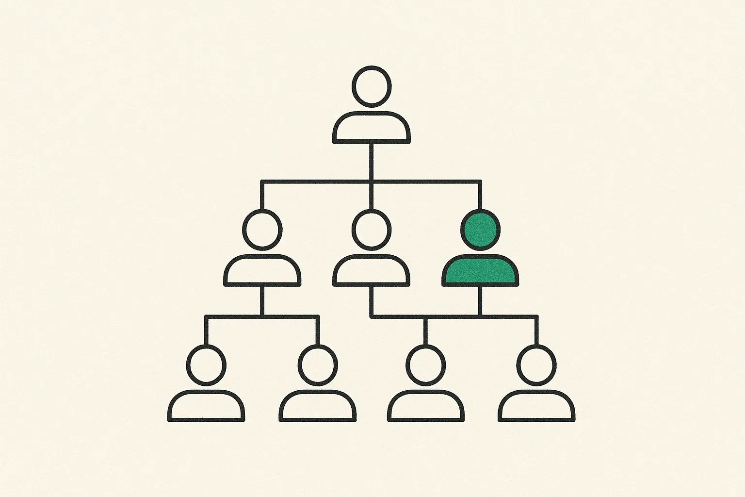 Editorial illustration of an organizational chart with one node highlighted