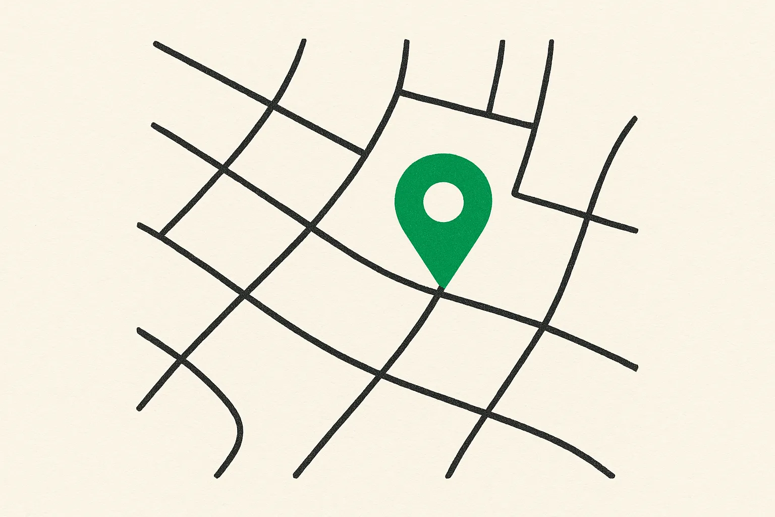 Editorial illustration of a neighborhood map with a single glowing location pin