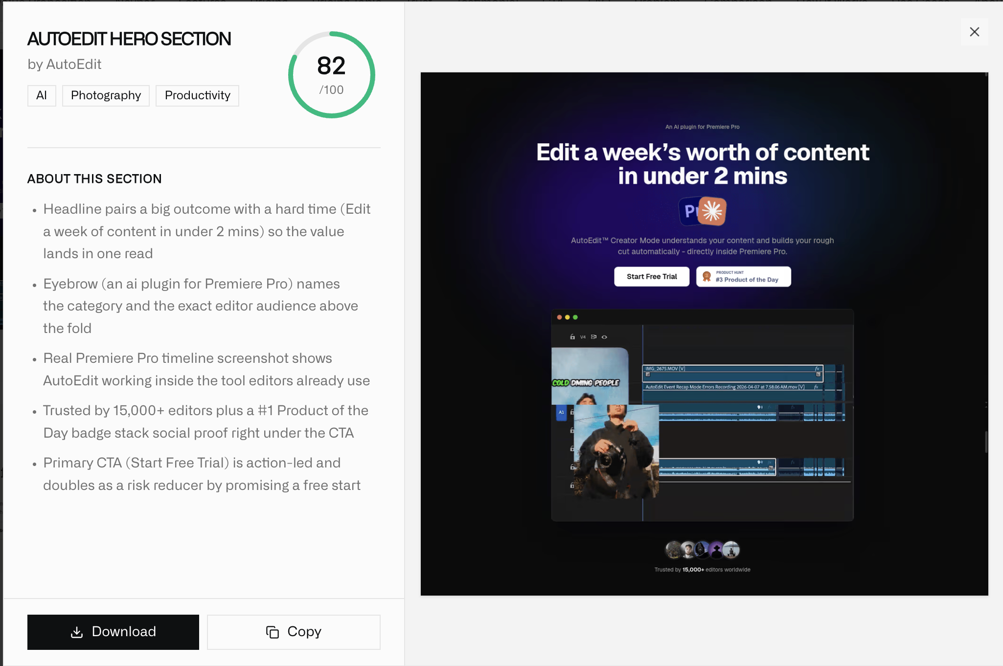Web Anatomy scoring a landing page hero section 82/100 with a section-by-section breakdown